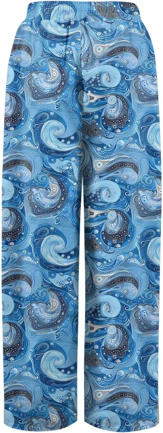 Wide Leg Pants Women 2025 Summer Floral Print Boho Palazzo Pants High Waist Lounge Trousers with Pockets