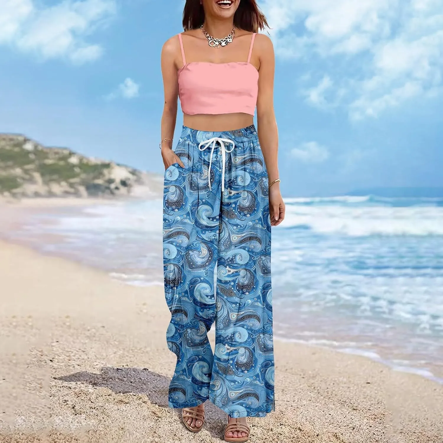 Wide Leg Pants Women 2025 Summer Floral Print Boho Palazzo Pants High Waist Lounge Trousers with Pockets