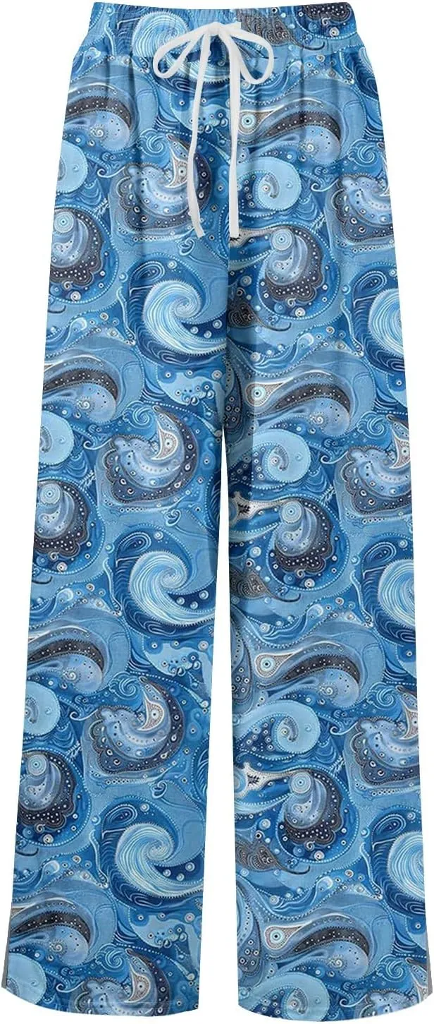 Wide Leg Pants Women 2025 Summer Floral Print Boho Palazzo Pants High Waist Lounge Trousers with Pockets