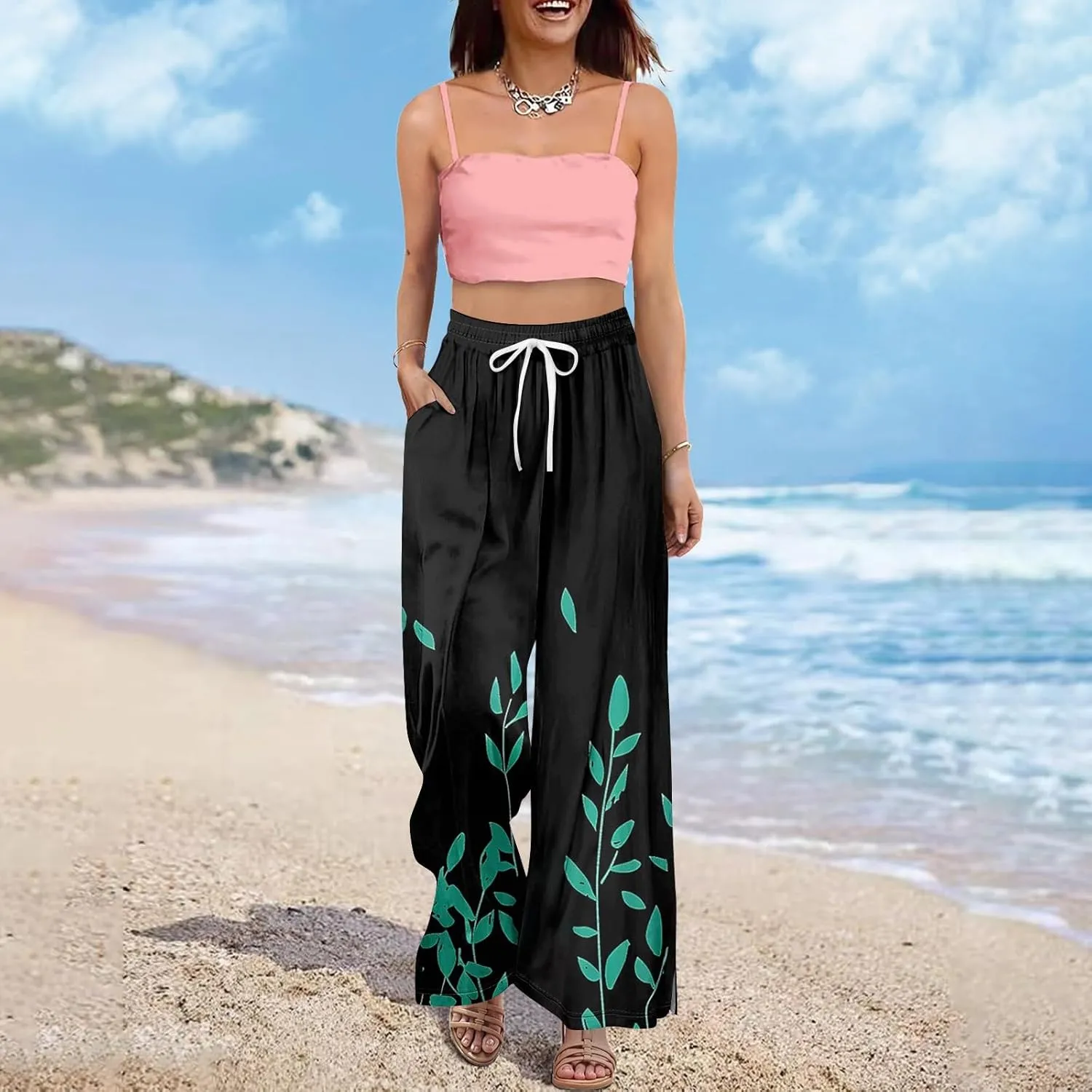 Wide Leg Pants Women 2025 Summer Floral Print Boho Palazzo Pants High Waist Lounge Trousers with Pockets
