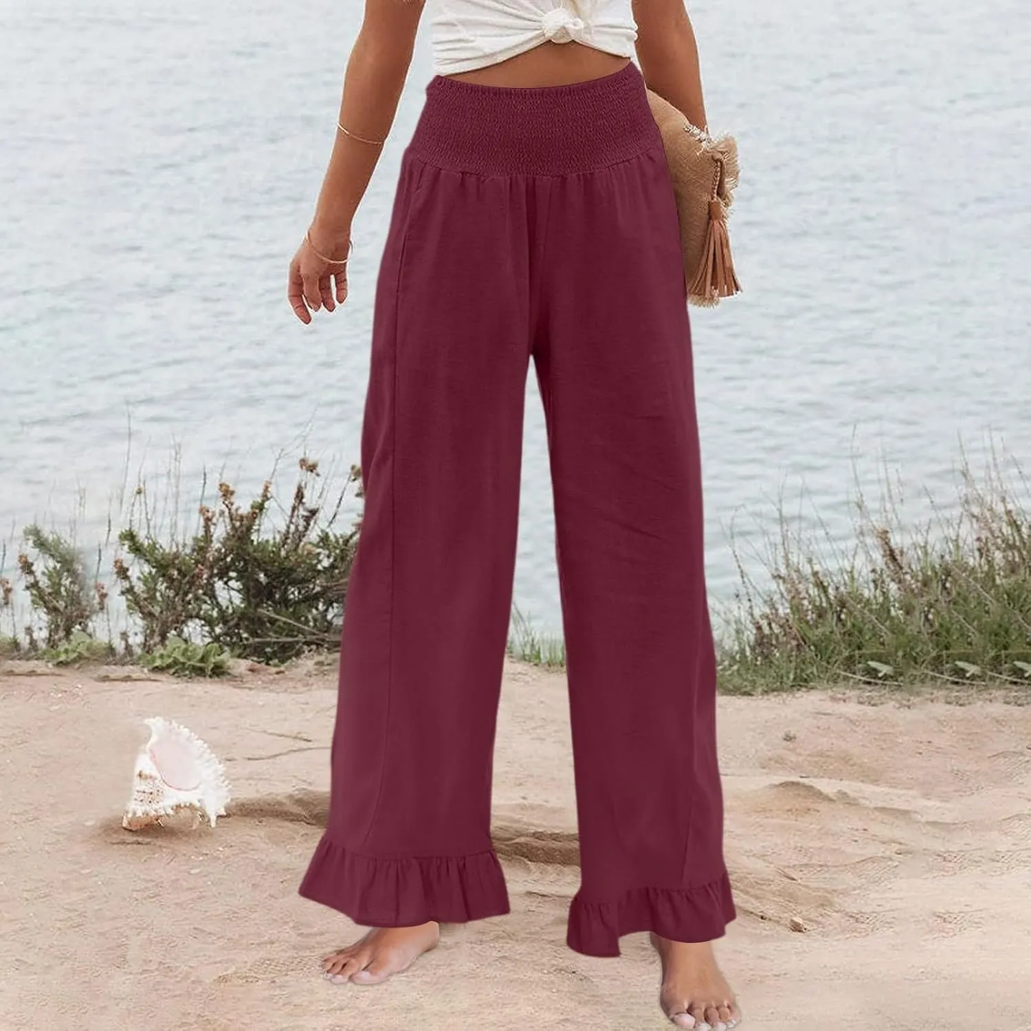 Women Linen Pants Summer Ruffle Wide Leg High Waist Palazzo Trousers Boho Loose Flowy Beach Pant with Pockets