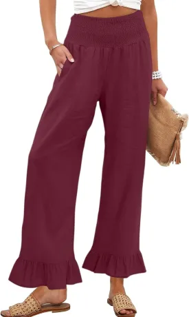 Women Linen Pants Summer Ruffle Wide Leg High Waist Palazzo Trousers Boho Loose Flowy Beach Pant with Pockets
