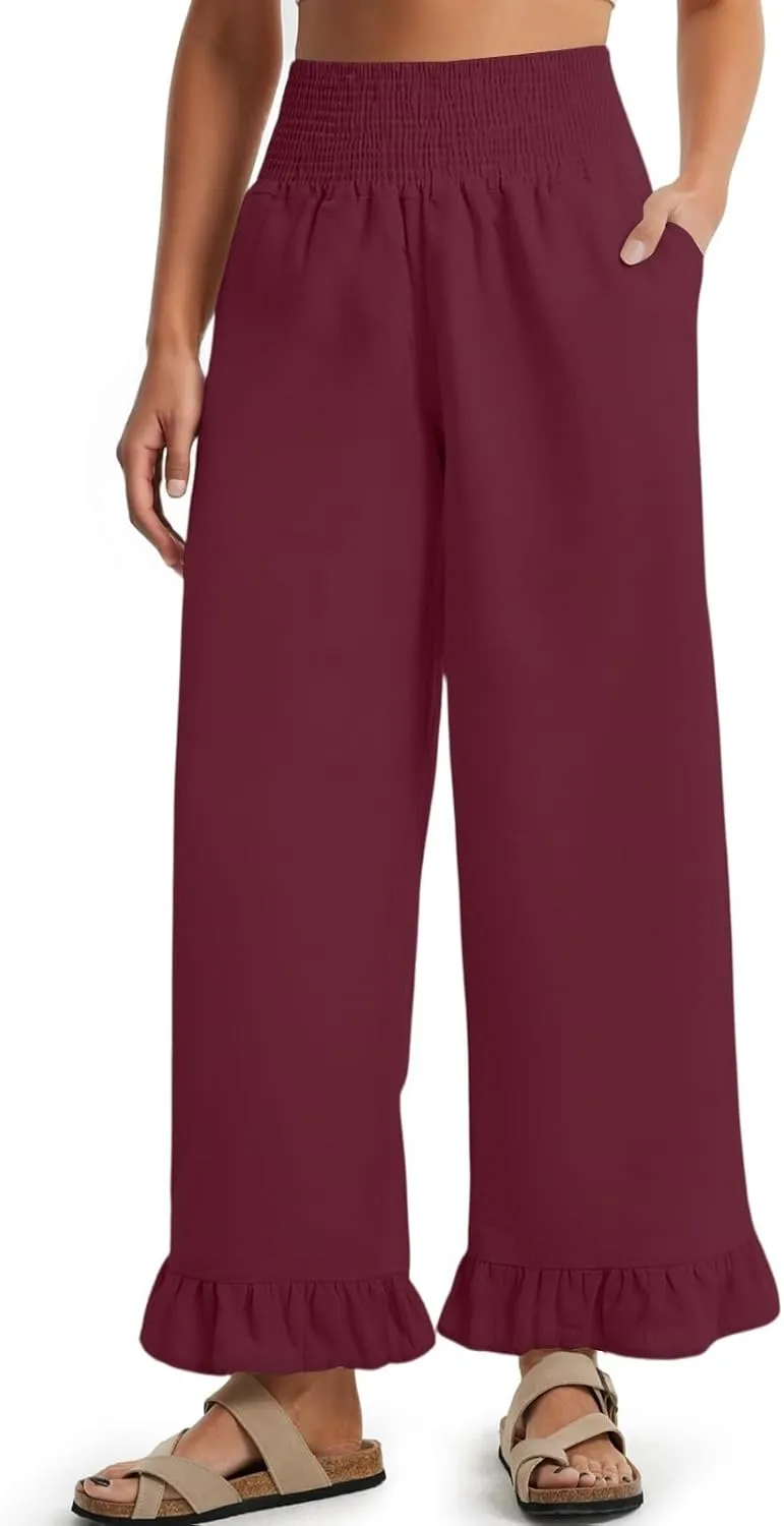 Women Linen Pants Summer Ruffle Wide Leg High Waist Palazzo Trousers Boho Loose Flowy Beach Pant with Pockets