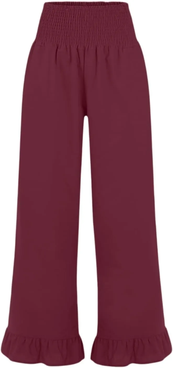 Women Linen Pants Summer Ruffle Wide Leg High Waist Palazzo Trousers Boho Loose Flowy Beach Pant with Pockets