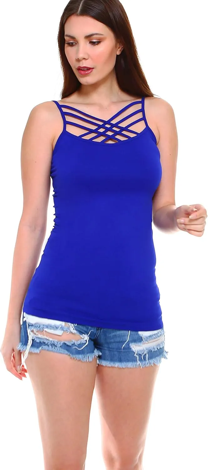 Women Sexy Criss Cross Front Spaghetti Strap Basic Round HollowOut Neck Seamless Camisole Tank Top
