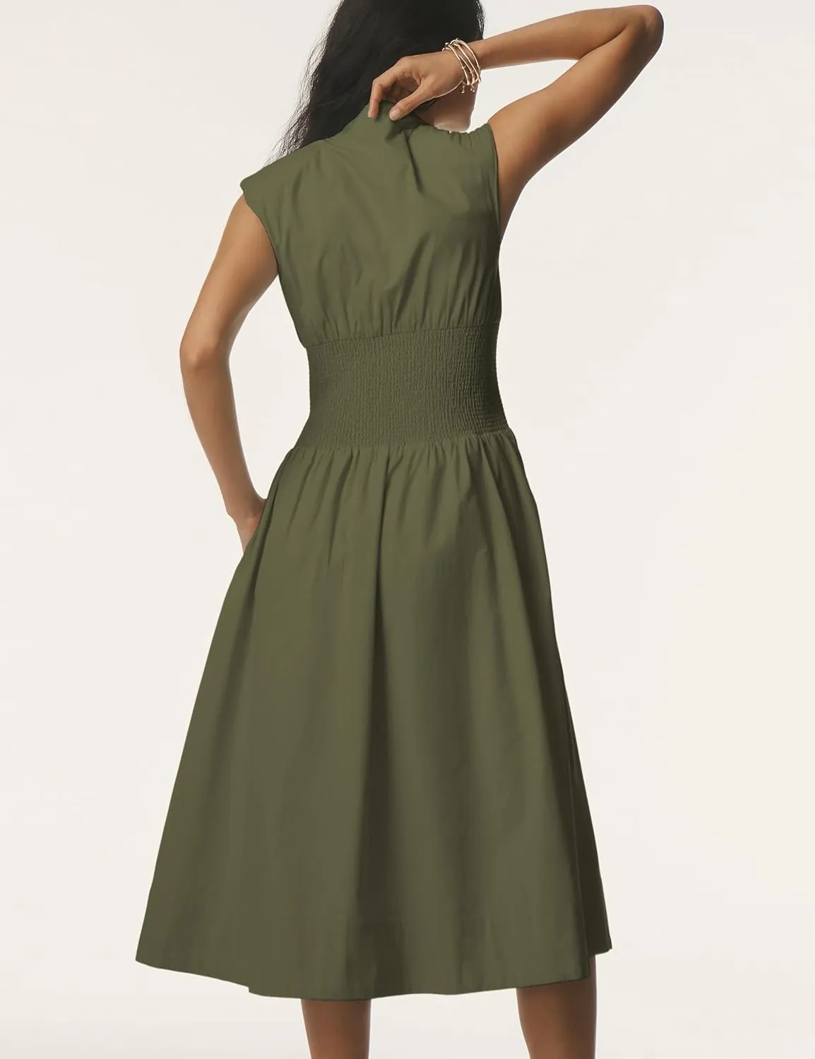 Women Sleeveless Midi Dress Summer Casual V Neck Zip Front Smocked Shirt Dress with Pockets