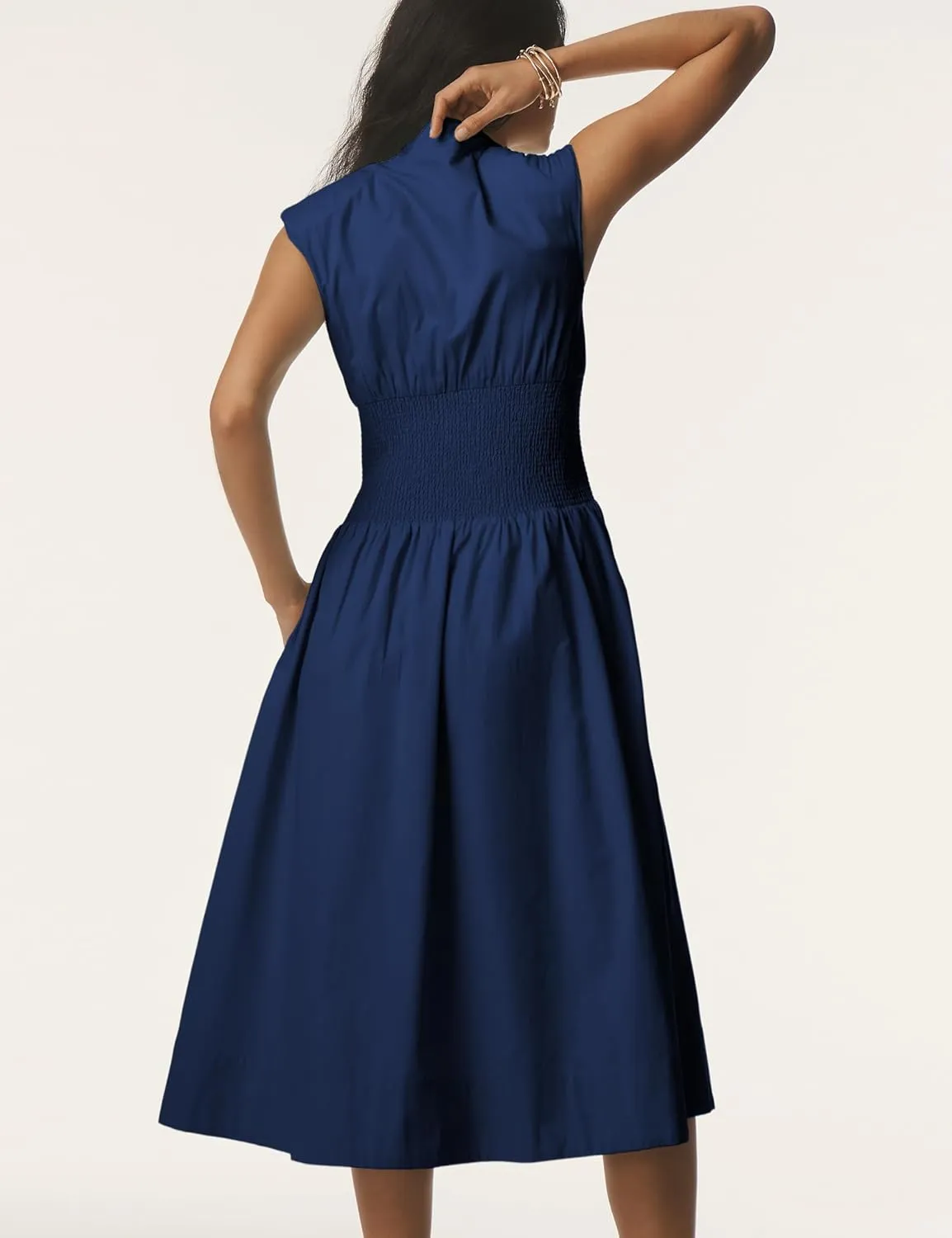 Women Sleeveless Midi Dress Summer Casual V Neck Zip Front Smocked Shirt Dress with Pockets
