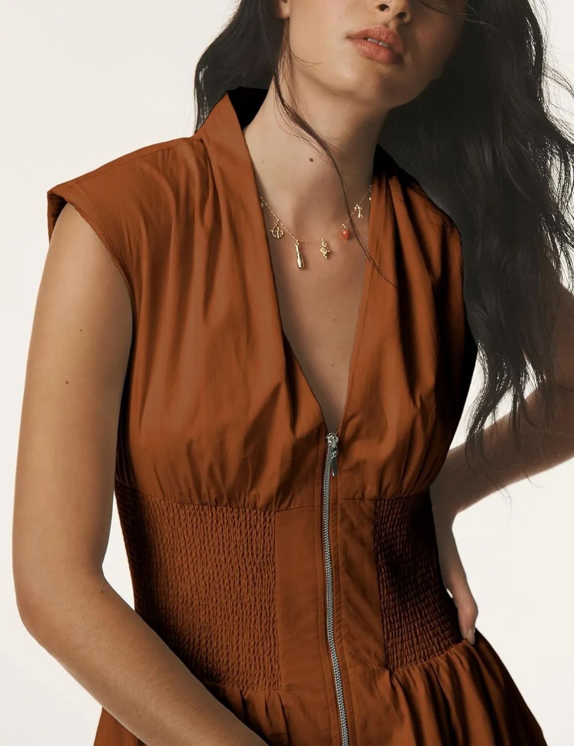 Women Sleeveless Midi Dress Summer Casual V Neck Zip Front Smocked Shirt Dress with Pockets