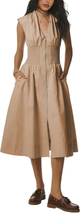 Women Sleeveless Midi Dress Summer Casual V Neck Zip Front Smocked Shirt Dress with Pockets