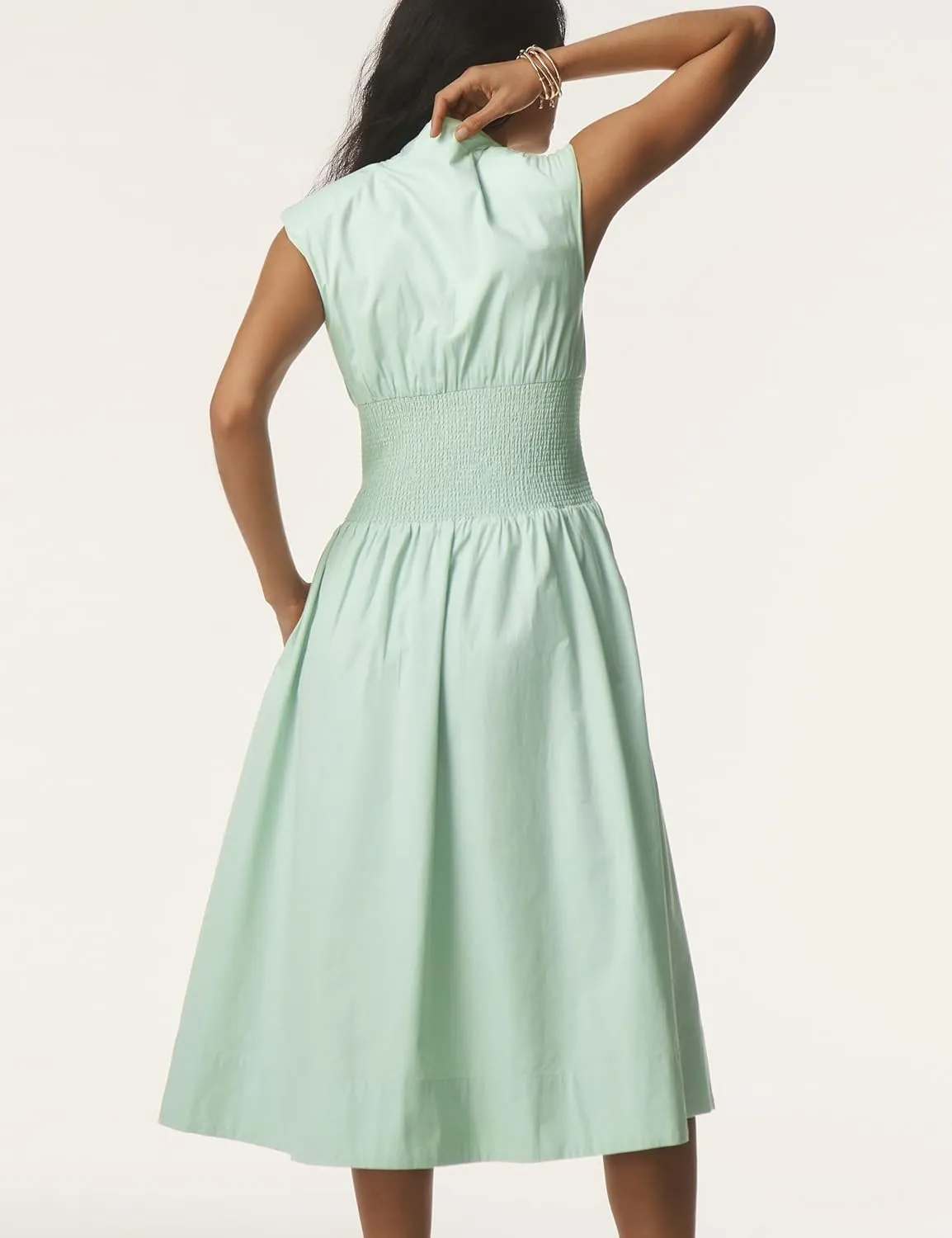 Women Sleeveless Midi Dress Summer Casual V Neck Zip Front Smocked Shirt Dress with Pockets