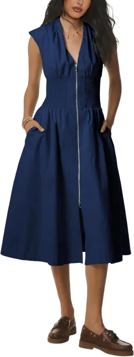 Women Sleeveless Midi Dress Summer Casual V Neck Zip Front Smocked Shirt Dress with Pockets