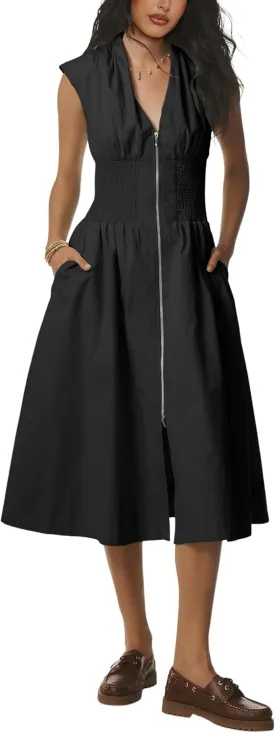 Women Sleeveless Midi Dress Summer Casual V Neck Zip Front Smocked Shirt Dress with Pockets