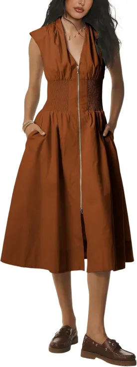 Women Sleeveless Midi Dress Summer Casual V Neck Zip Front Smocked Shirt Dress with Pockets