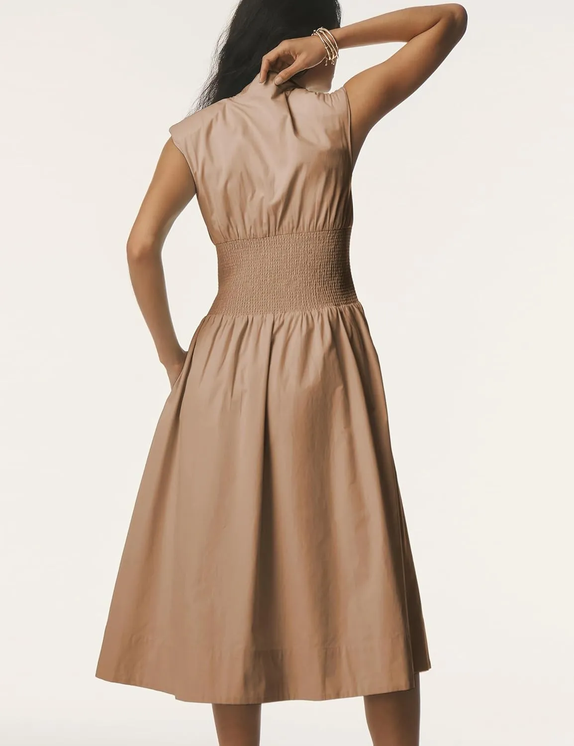 Women Sleeveless Midi Dress Summer Casual V Neck Zip Front Smocked Shirt Dress with Pockets