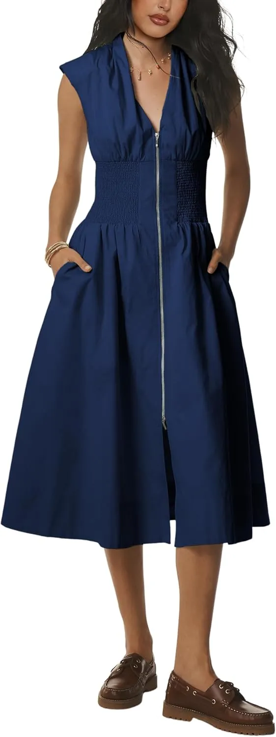 Women Sleeveless Midi Dress Summer Casual V Neck Zip Front Smocked Shirt Dress with Pockets