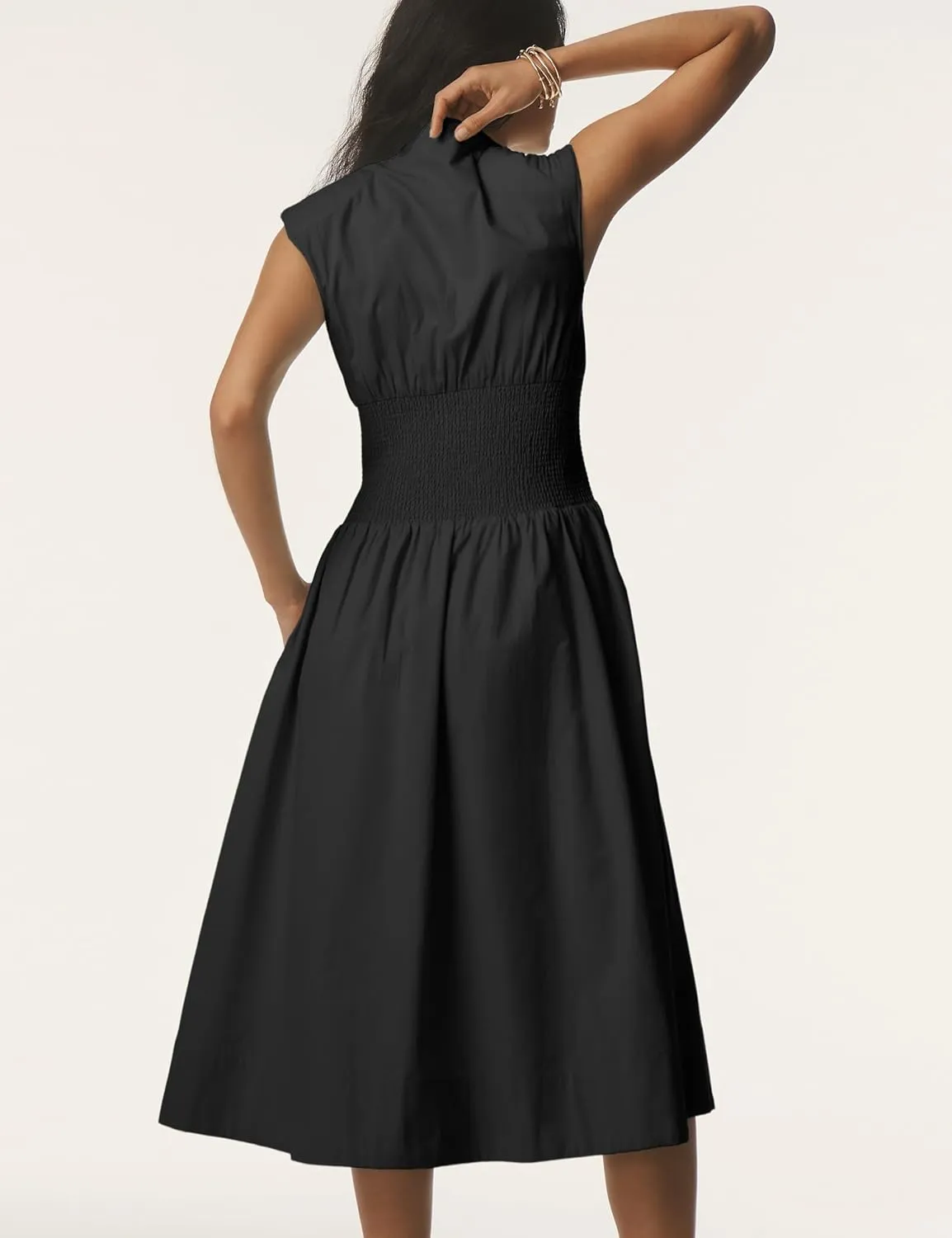 Women Sleeveless Midi Dress Summer Casual V Neck Zip Front Smocked Shirt Dress with Pockets