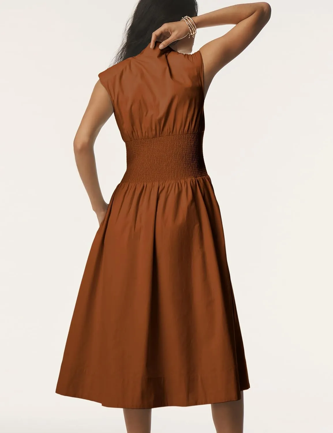 Women Sleeveless Midi Dress Summer Casual V Neck Zip Front Smocked Shirt Dress with Pockets
