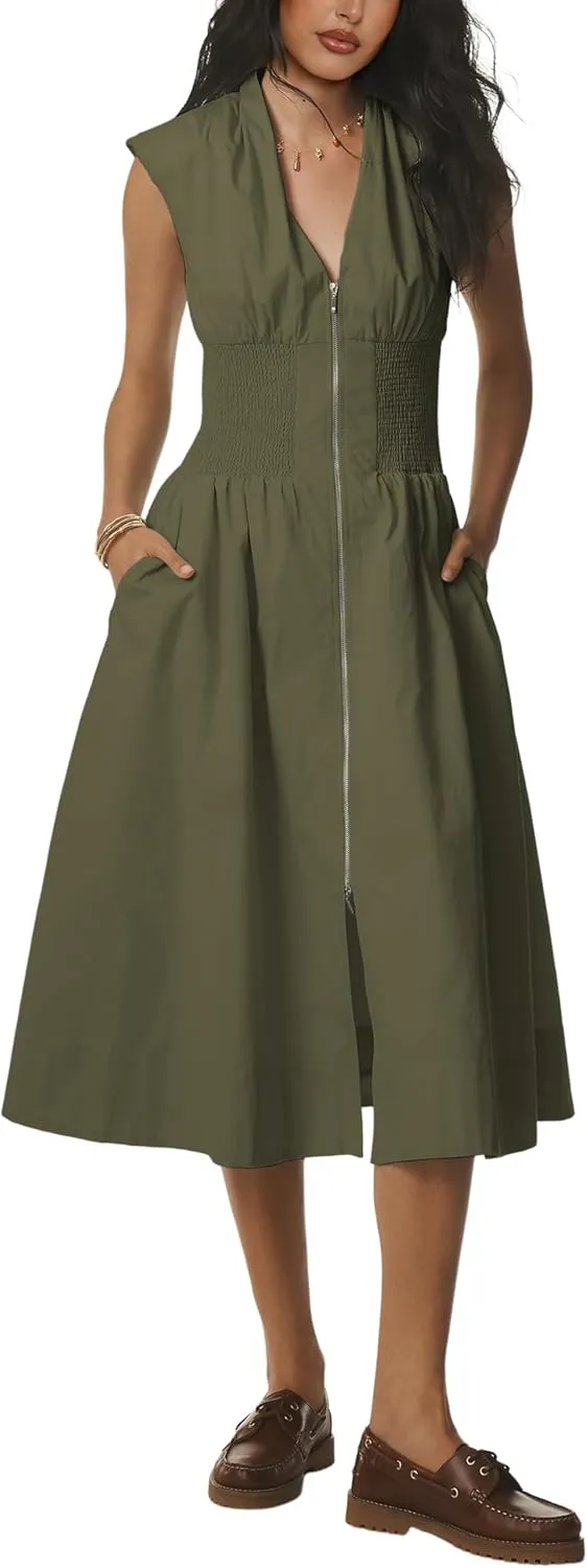 Women Sleeveless Midi Dress Summer Casual V Neck Zip Front Smocked Shirt Dress with Pockets