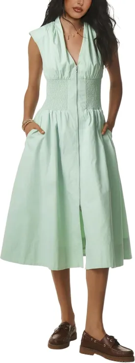 Women Sleeveless Midi Dress Summer Casual V Neck Zip Front Smocked Shirt Dress with Pockets