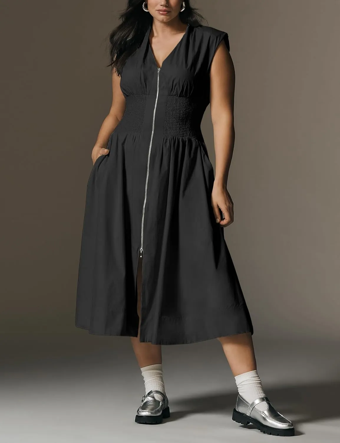 Women Sleeveless Midi Dress Summer Casual V Neck Zip Front Smocked Shirt Dress with Pockets