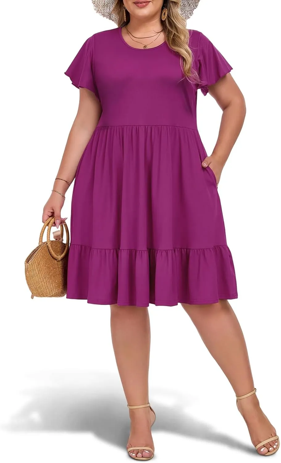 Women's 2025 Plus Size Casual Dress Crew Neck Ruffle Floral Short Sleeve Summer Midi Dresses with Pockets