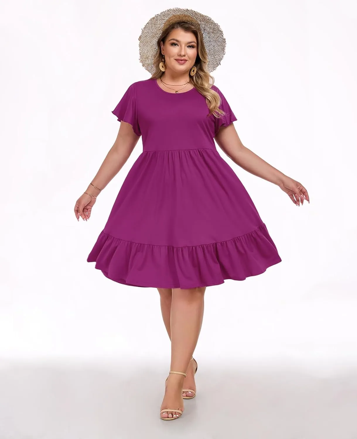 Women's 2025 Plus Size Casual Dress Crew Neck Ruffle Floral Short Sleeve Summer Midi Dresses with Pockets