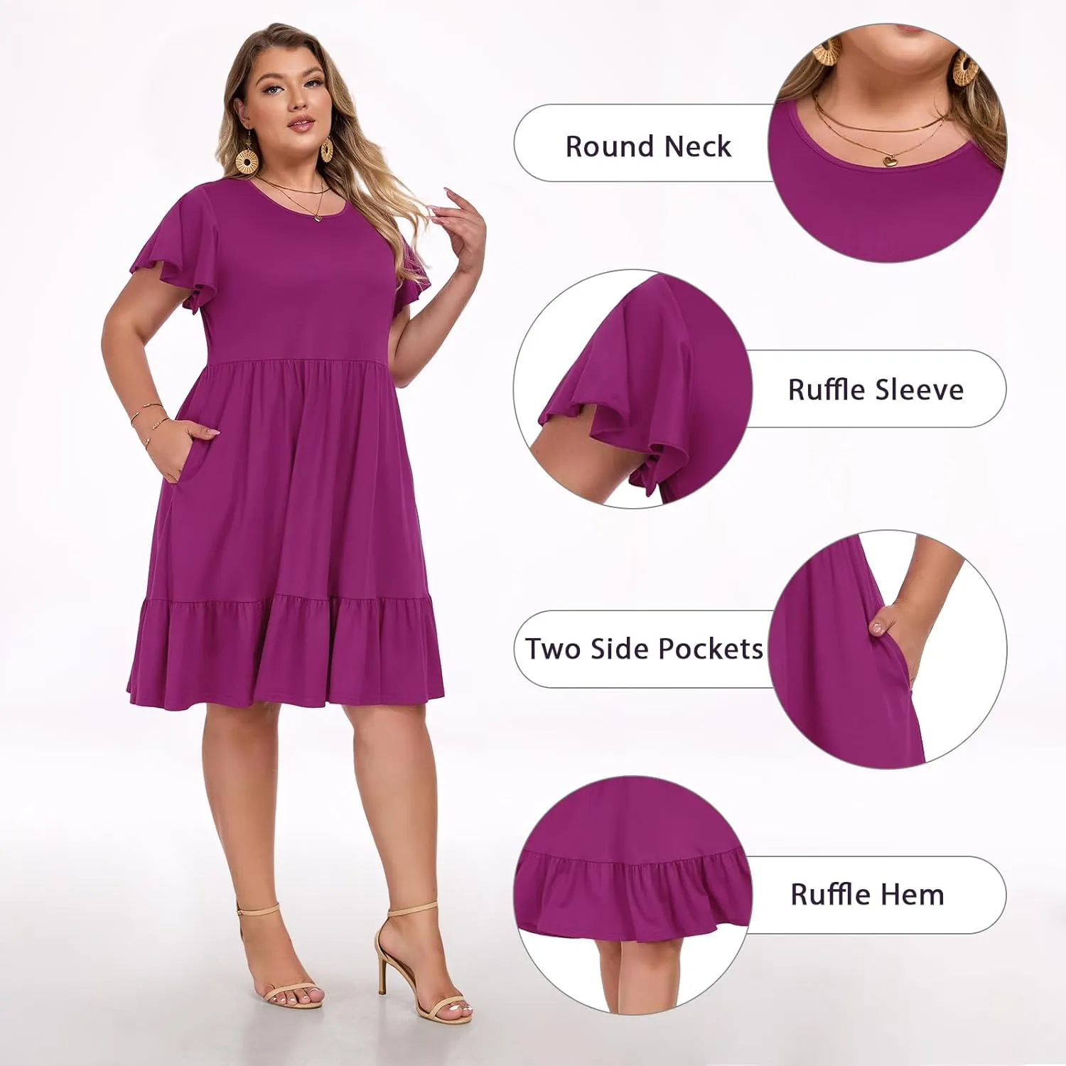 Women's 2025 Plus Size Casual Dress Crew Neck Ruffle Floral Short Sleeve Summer Midi Dresses with Pockets