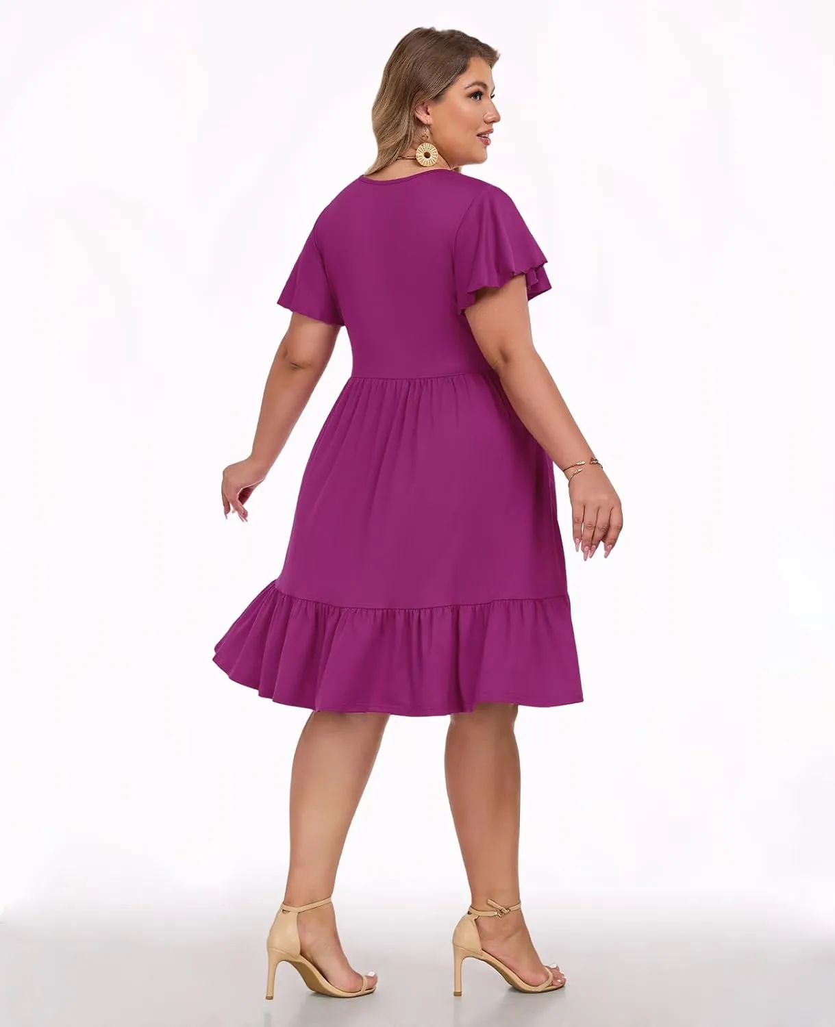Women's 2025 Plus Size Casual Dress Crew Neck Ruffle Floral Short Sleeve Summer Midi Dresses with Pockets