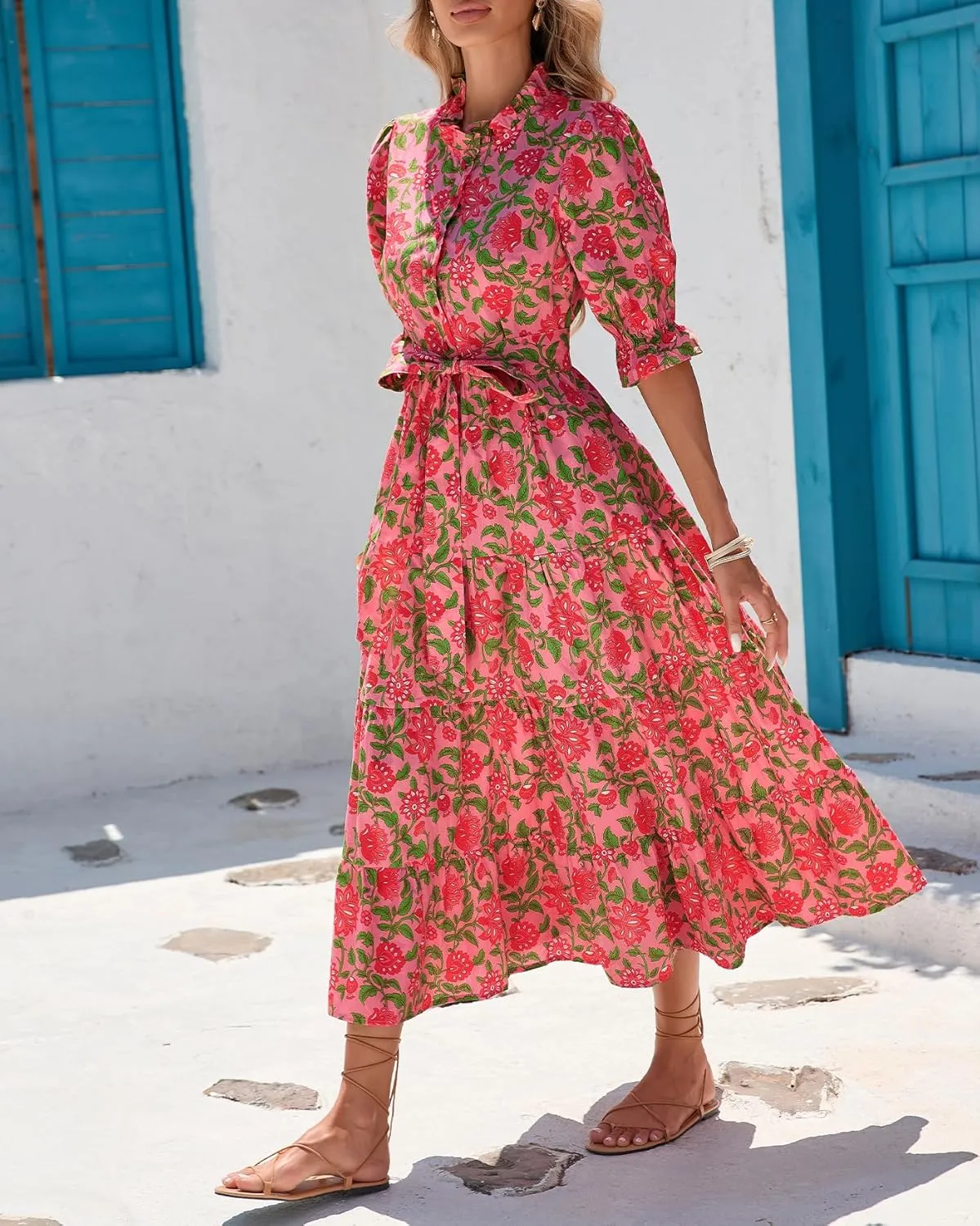 Women's Boho Floral Printed Stand Ruffle Collar Maxi Dress Half Sleeve Button Down Flowy Belted Beach Vacation Dress