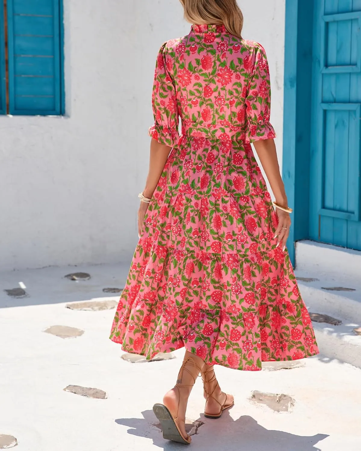 Women's Boho Floral Printed Stand Ruffle Collar Maxi Dress Half Sleeve Button Down Flowy Belted Beach Vacation Dress