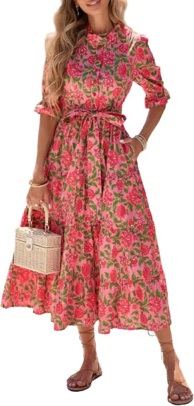 Women's Boho Floral Printed Stand Ruffle Collar Maxi Dress Half Sleeve Button Down Flowy Belted Beach Vacation Dress