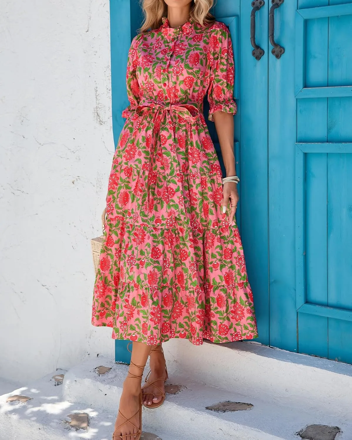 Women's Boho Floral Printed Stand Ruffle Collar Maxi Dress Half Sleeve Button Down Flowy Belted Beach Vacation Dress