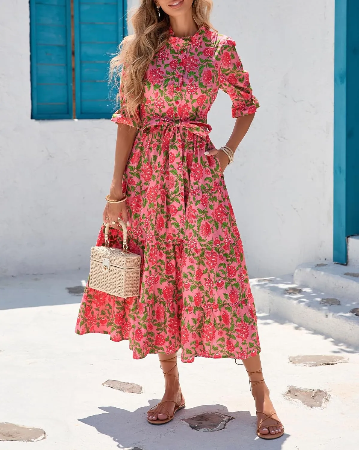 Women's Boho Floral Printed Stand Ruffle Collar Maxi Dress Half Sleeve Button Down Flowy Belted Beach Vacation Dress