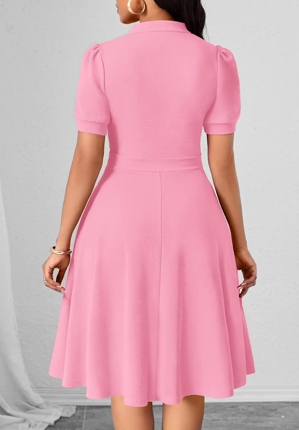 Womens Casual Summer Dresses Short Puff Sleeve V Neck A Line Wedding Guest Midi Dresses with Pockets
