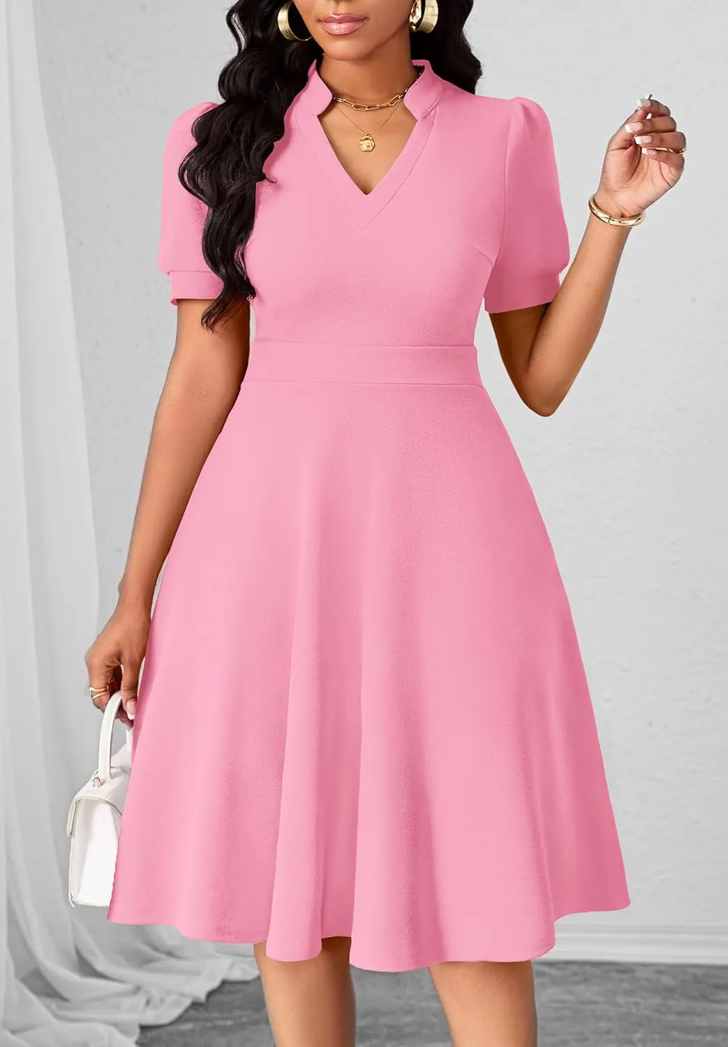 Womens Casual Summer Dresses Short Puff Sleeve V Neck A Line Wedding Guest Midi Dresses with Pockets