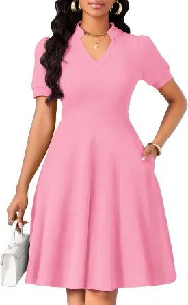 Womens Casual Summer Dresses Short Puff Sleeve V Neck A Line Wedding Guest Midi Dresses with Pockets