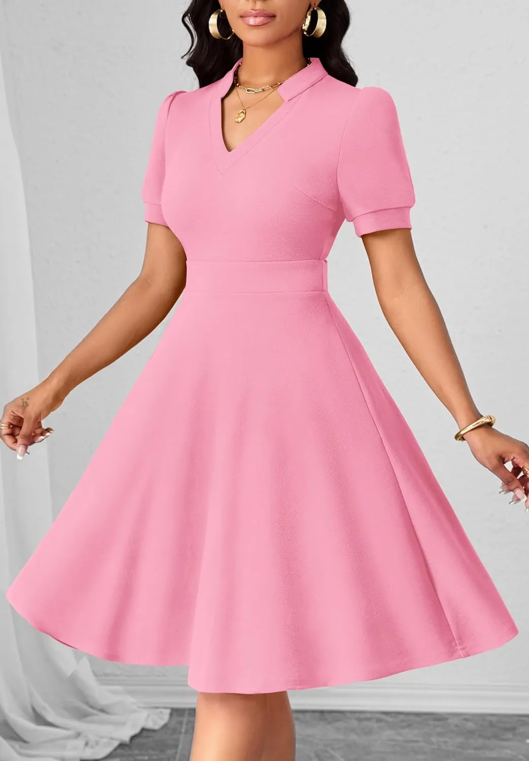 Womens Casual Summer Dresses Short Puff Sleeve V Neck A Line Wedding Guest Midi Dresses with Pockets