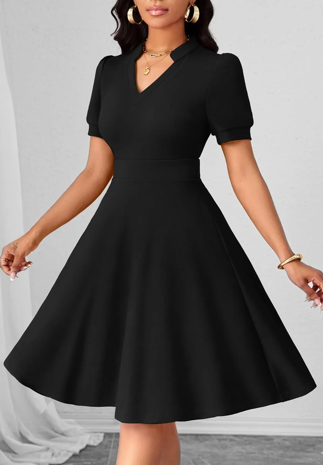 Womens Casual Summer Dresses Short Puff Sleeve V Neck A Line Wedding Guest Midi Dresses with Pockets