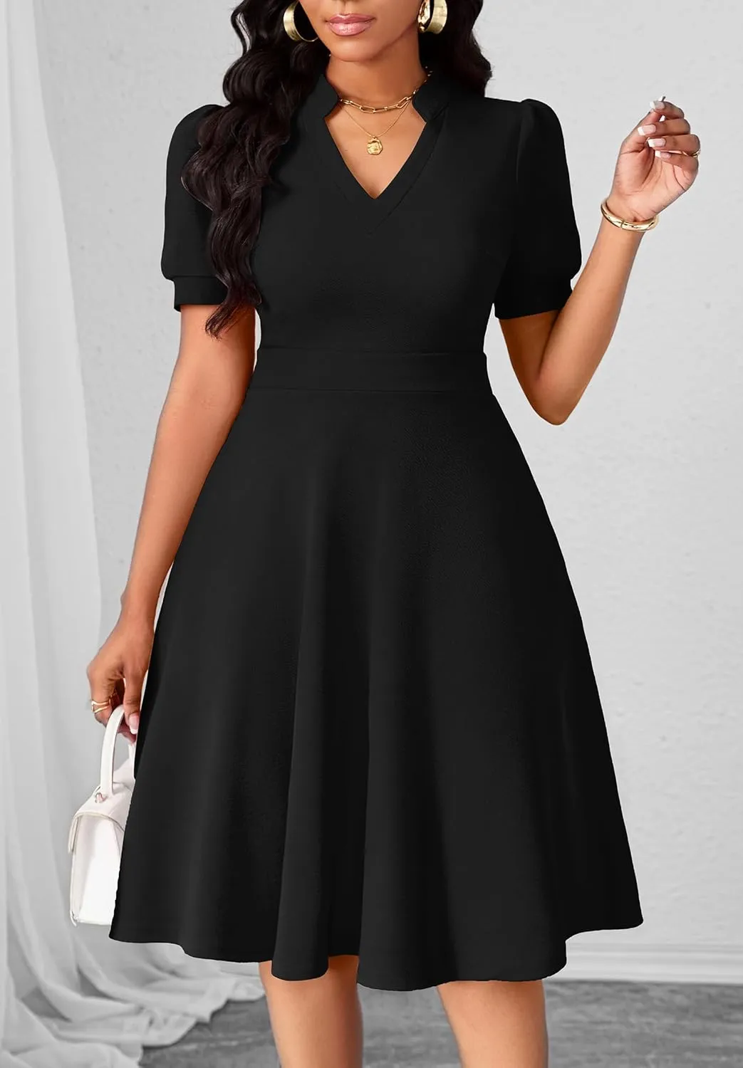 Womens Casual Summer Dresses Short Puff Sleeve V Neck A Line Wedding Guest Midi Dresses with Pockets