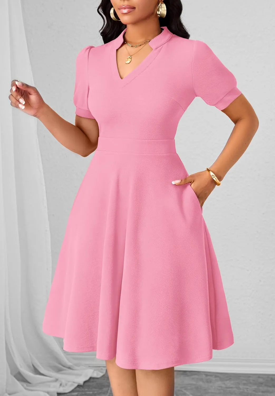 Womens Casual Summer Dresses Short Puff Sleeve V Neck A Line Wedding Guest Midi Dresses with Pockets