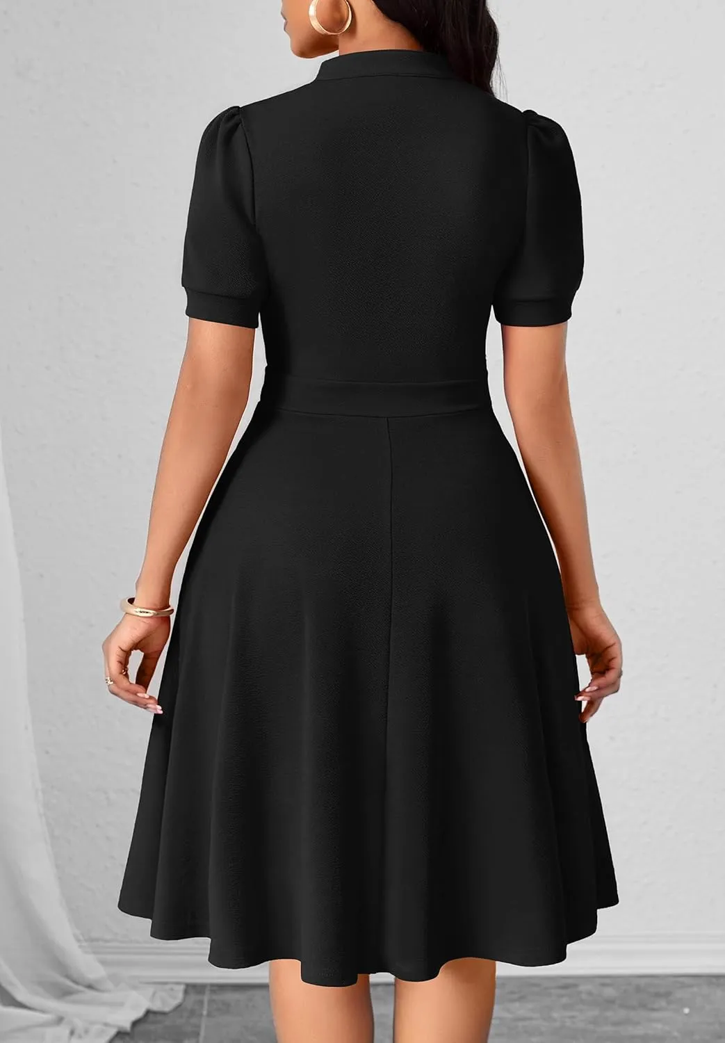 Womens Casual Summer Dresses Short Puff Sleeve V Neck A Line Wedding Guest Midi Dresses with Pockets
