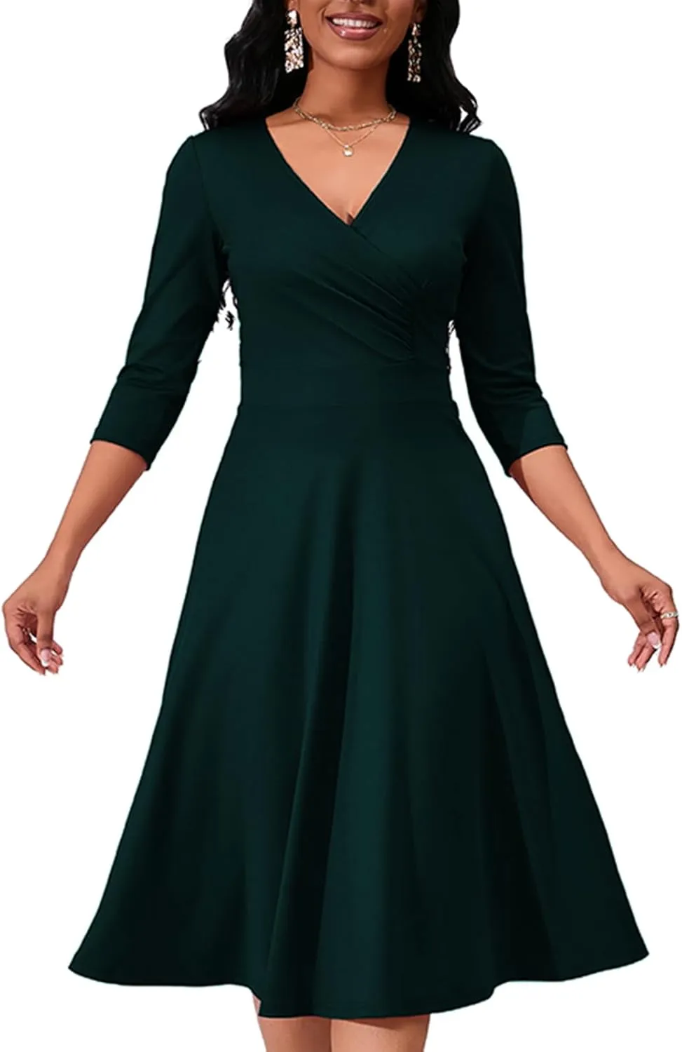 Women's Casual Wrap Flared Midi Dress - A-Line Swing V-Neck 3/4 Sleeve Dress for Wedding Guest & Cocktail Tea Party