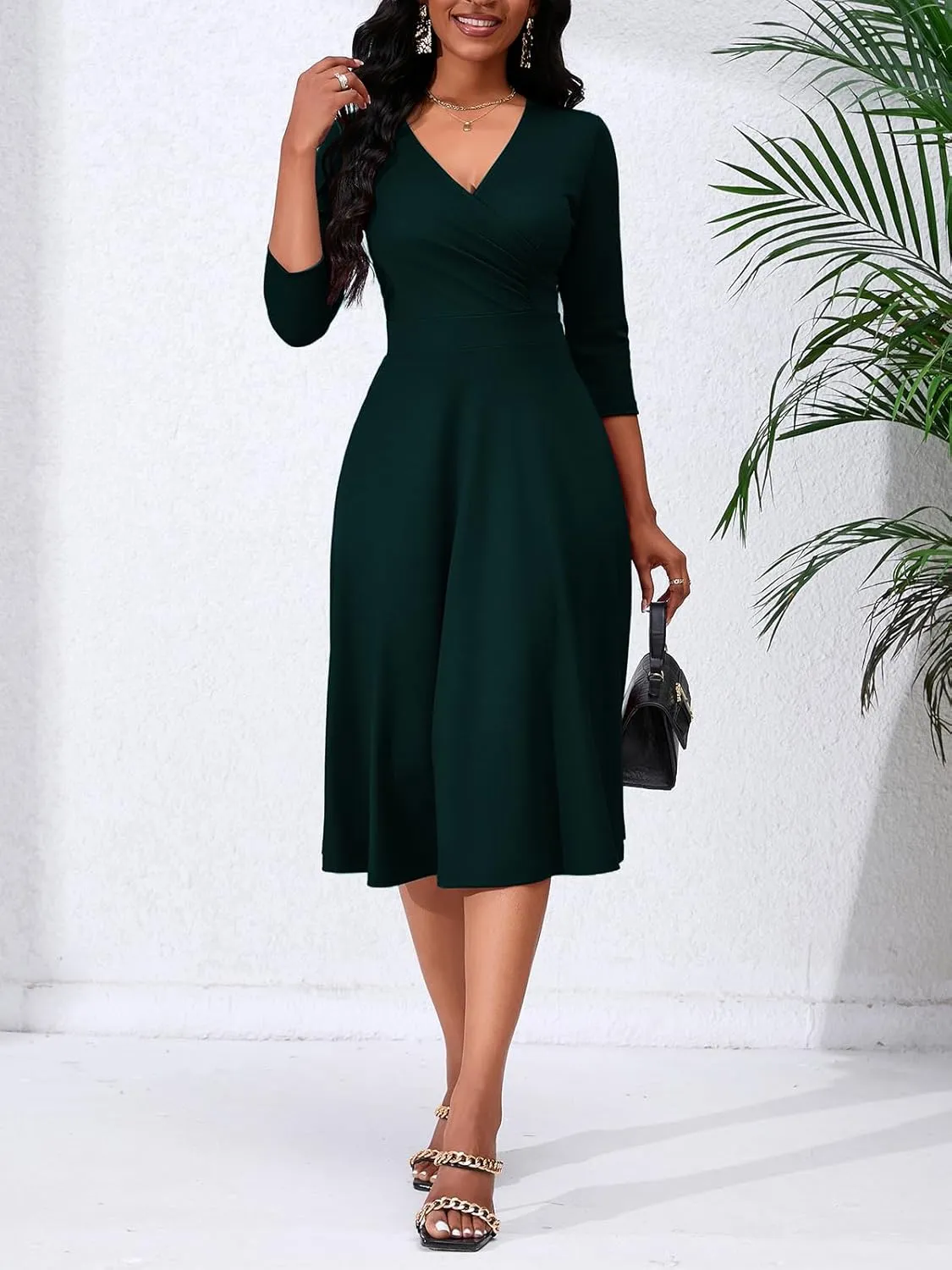 Women's Casual Wrap Flared Midi Dress - A-Line Swing V-Neck 3/4 Sleeve Dress for Wedding Guest & Cocktail Tea Party