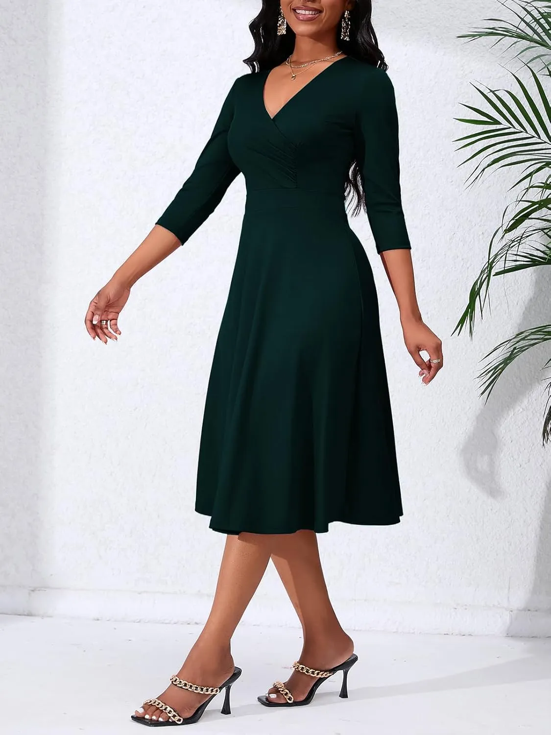 Women's Casual Wrap Flared Midi Dress - A-Line Swing V-Neck 3/4 Sleeve Dress for Wedding Guest & Cocktail Tea Party