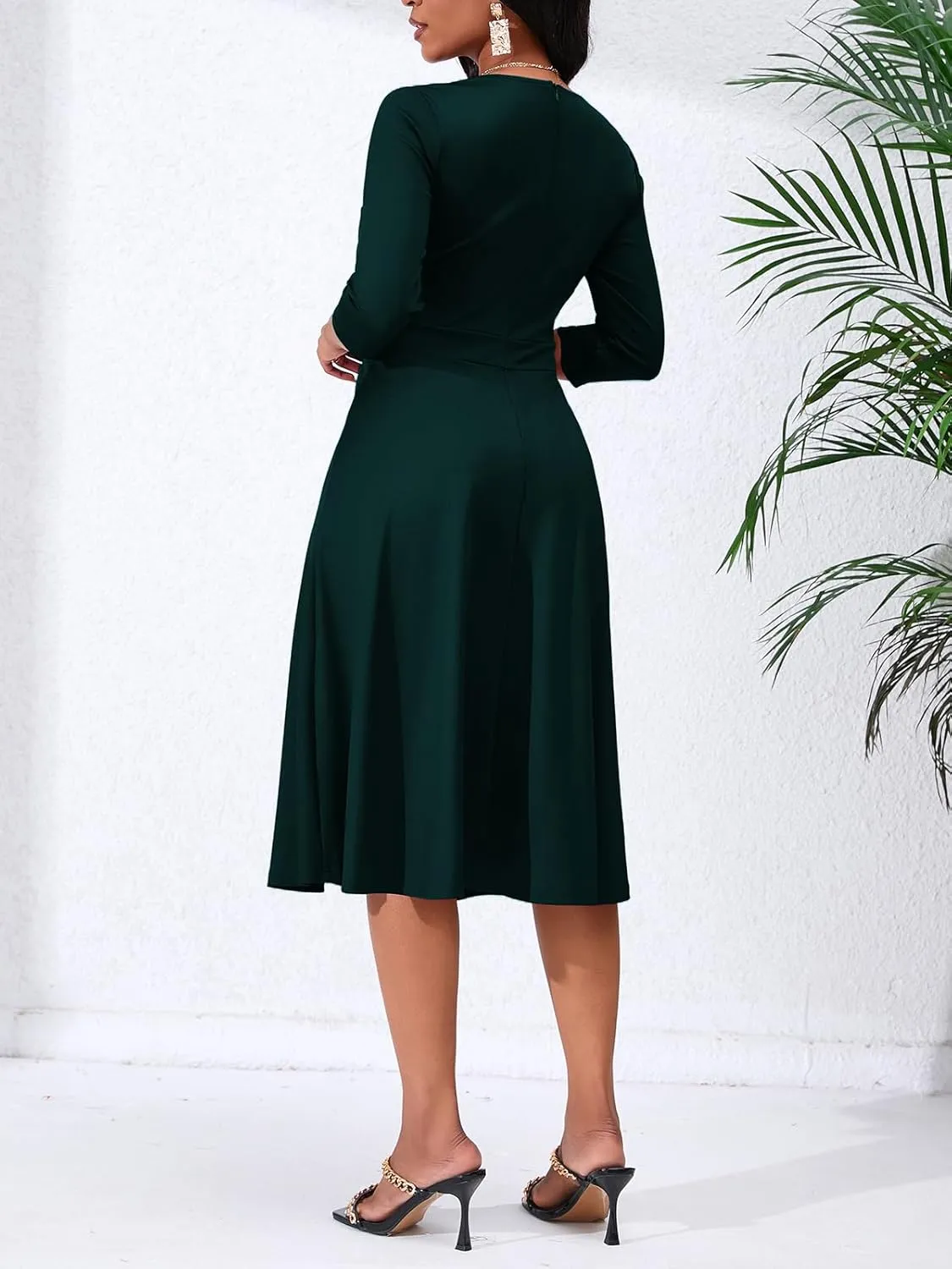 Women's Casual Wrap Flared Midi Dress - A-Line Swing V-Neck 3/4 Sleeve Dress for Wedding Guest & Cocktail Tea Party
