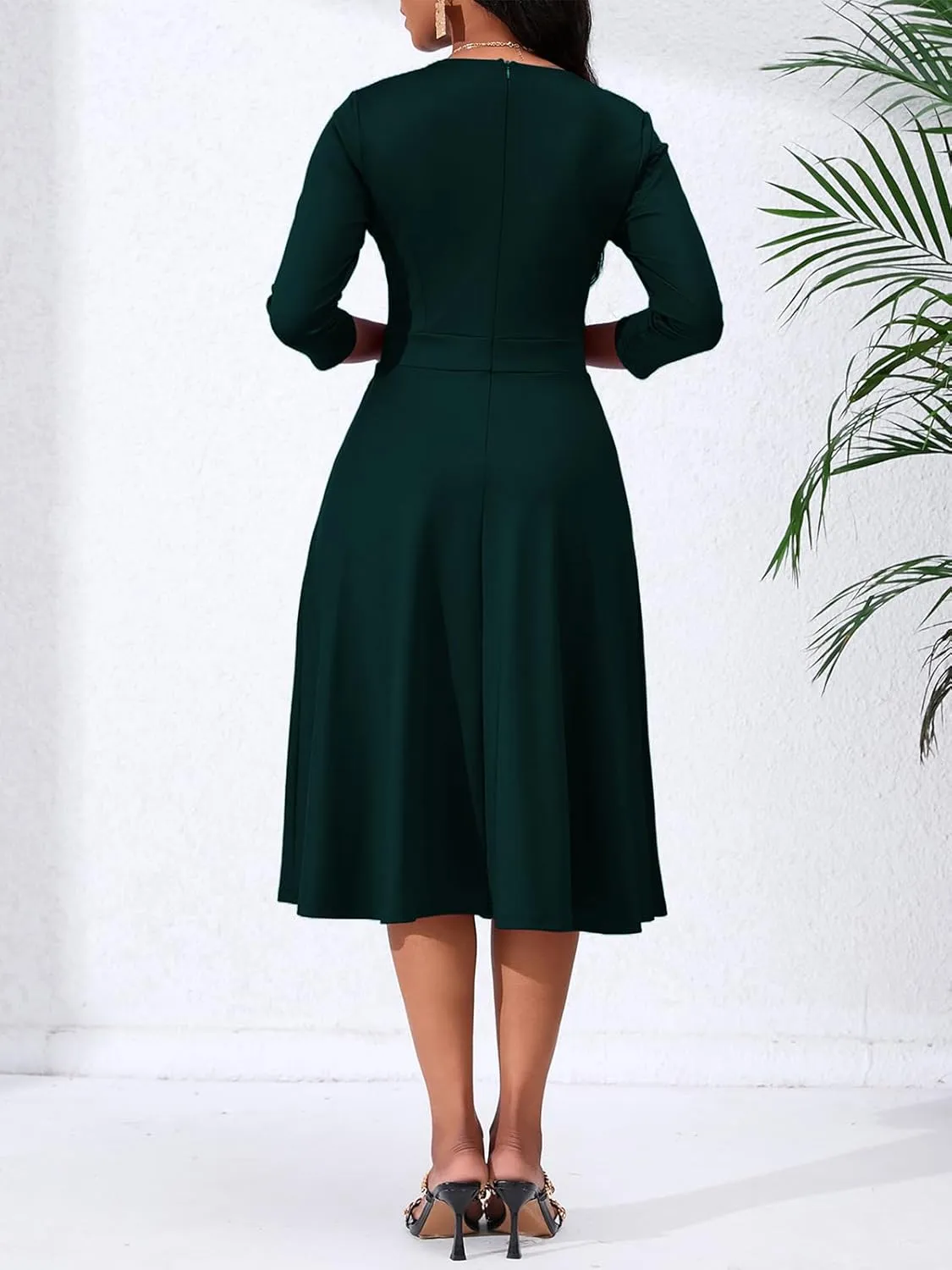 Women's Casual Wrap Flared Midi Dress - A-Line Swing V-Neck 3/4 Sleeve Dress for Wedding Guest & Cocktail Tea Party