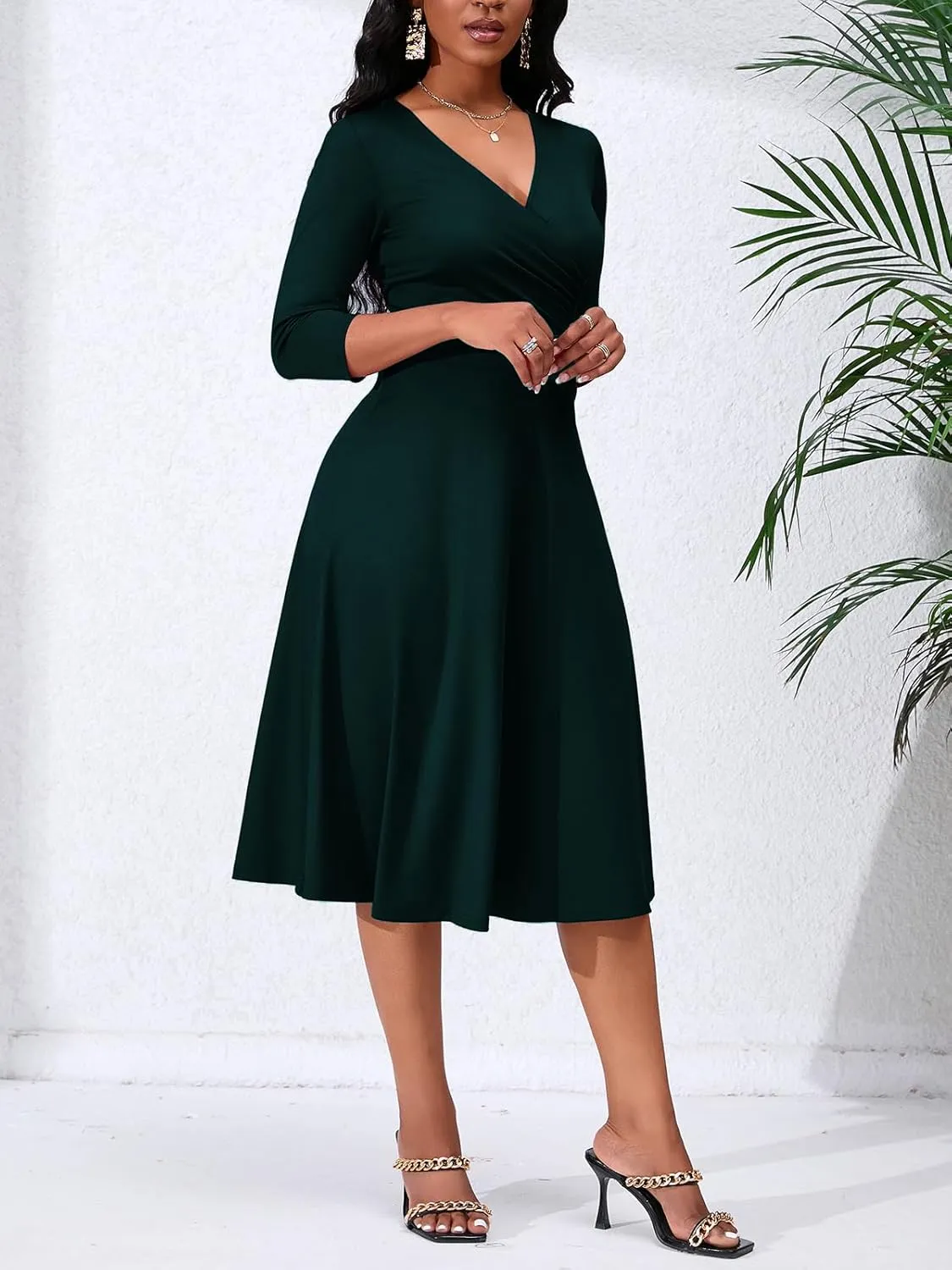 Women's Casual Wrap Flared Midi Dress - A-Line Swing V-Neck 3/4 Sleeve Dress for Wedding Guest & Cocktail Tea Party