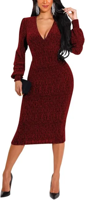 Women's Elegant Bodycon Long Dresses Deep V Neck Long Sleeves Club Night Party Midi Dress