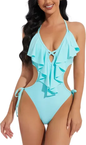 Women's Flounce Cutout One Piece Swimsuit Sexy Monokini Bathing Suit