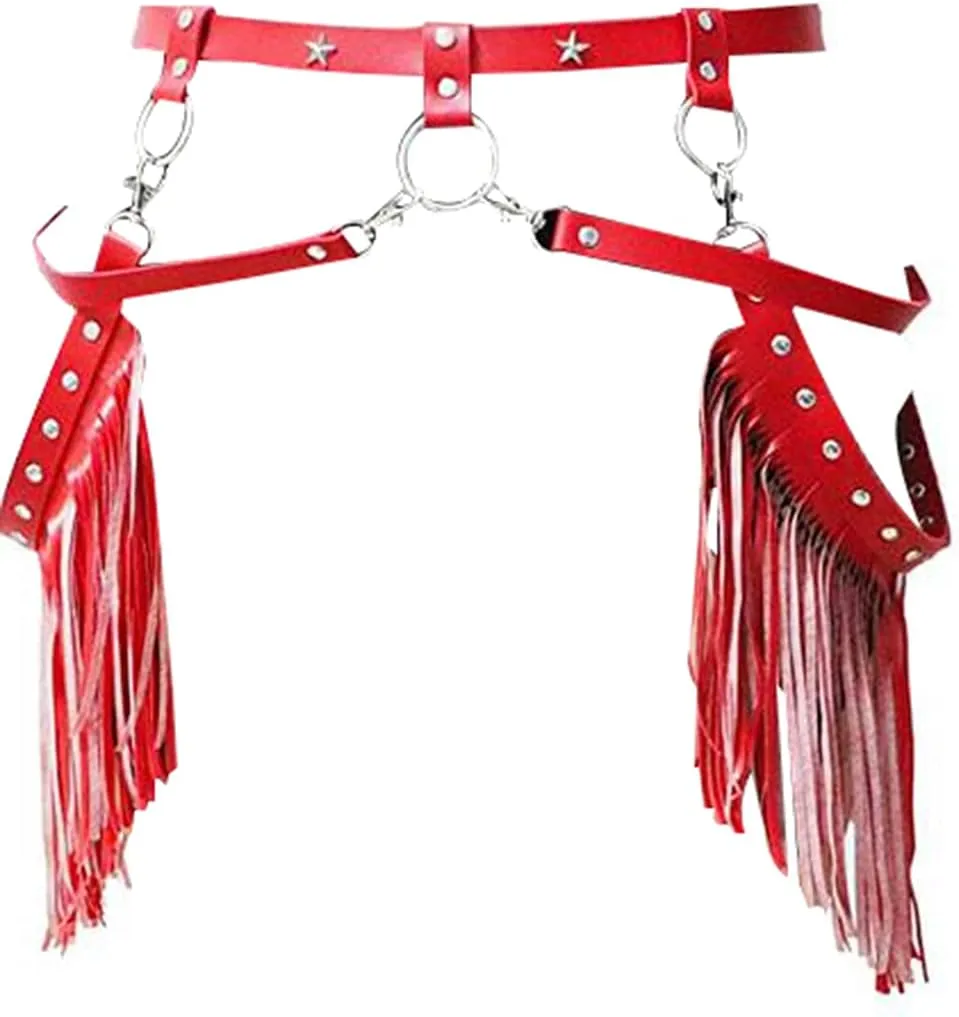 Womens Gothic Leather Tassel Body Leg Harness Garter Waist Belt Fringe Skirt for Music Festival Dance Party